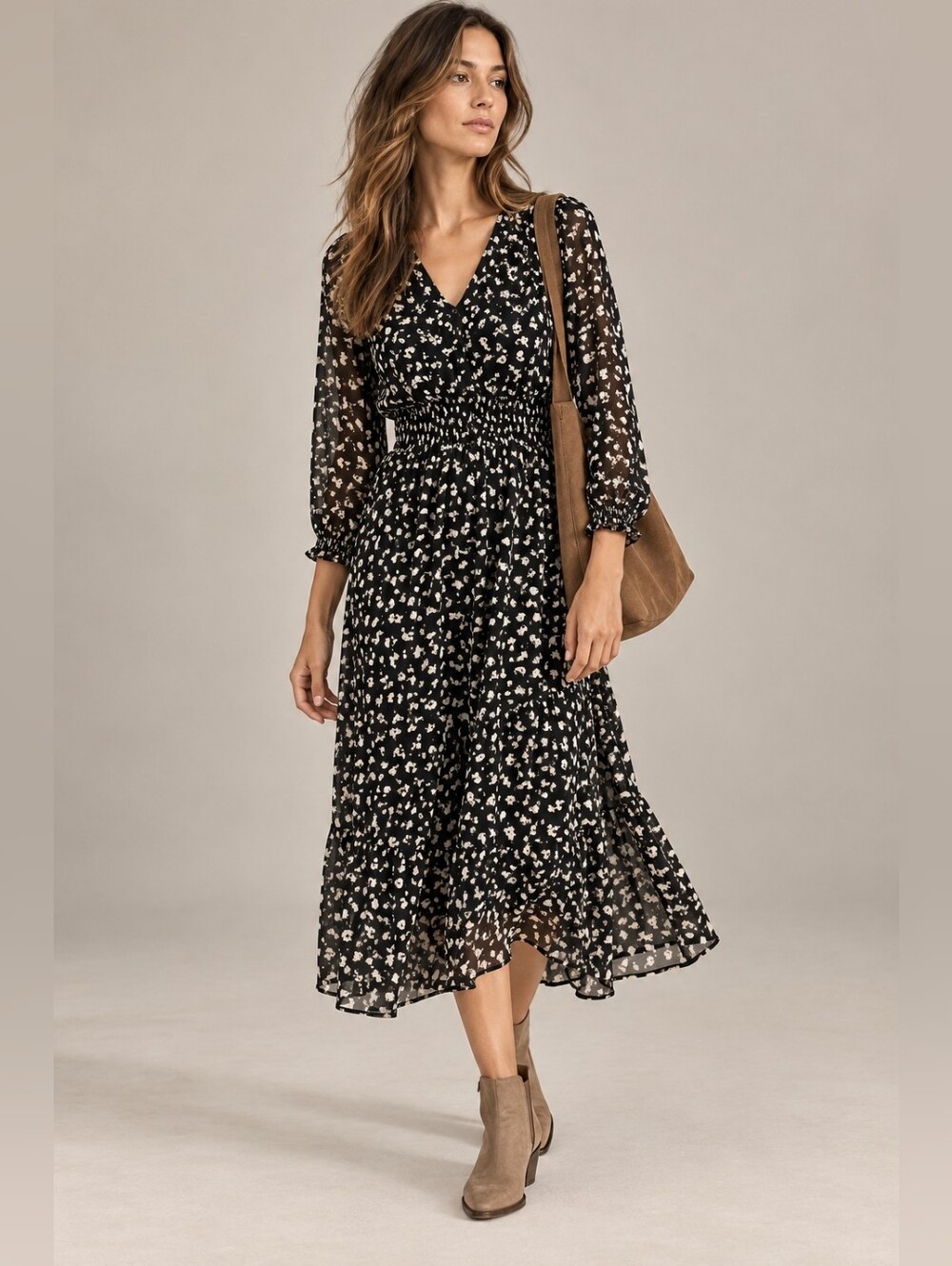HUDSON NORTH Hudson's Bay Smocked Waist Semi Sheer Midi Dress In Black / White